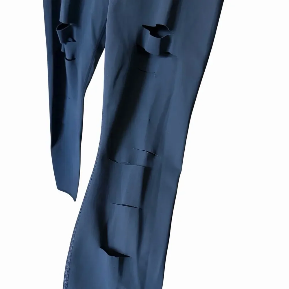 ALO Yoga Womens Medium Leggings Dark Blue Slits Cuts Activewear Workout